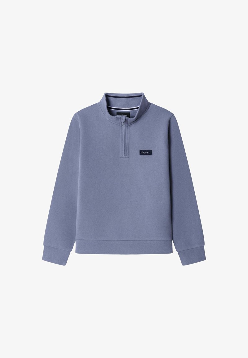 Svetlofialová mikina s vysokým golierom, predným zapínaním na polovičný zips a rebrovanými manžetami. Na hrudi je logo nášivka.