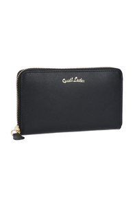 Black leather wallet with a textured finish, gold zipper, and gold "Gusti Leder" logo. Features a slim design for easy portability.