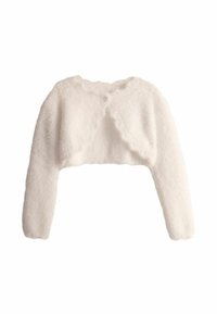 Witte cropped jack gemaakt van zacht, pluizig materiaal met lange mouwen en een open voorkant. Heeft een gestructureerd oppervlak en een neutrale kleur.