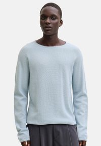 Personne aux cheveux courts portant un pull à manches longues bleu clair et un pantalon gris foncé, debout devant un fond blanc uni.