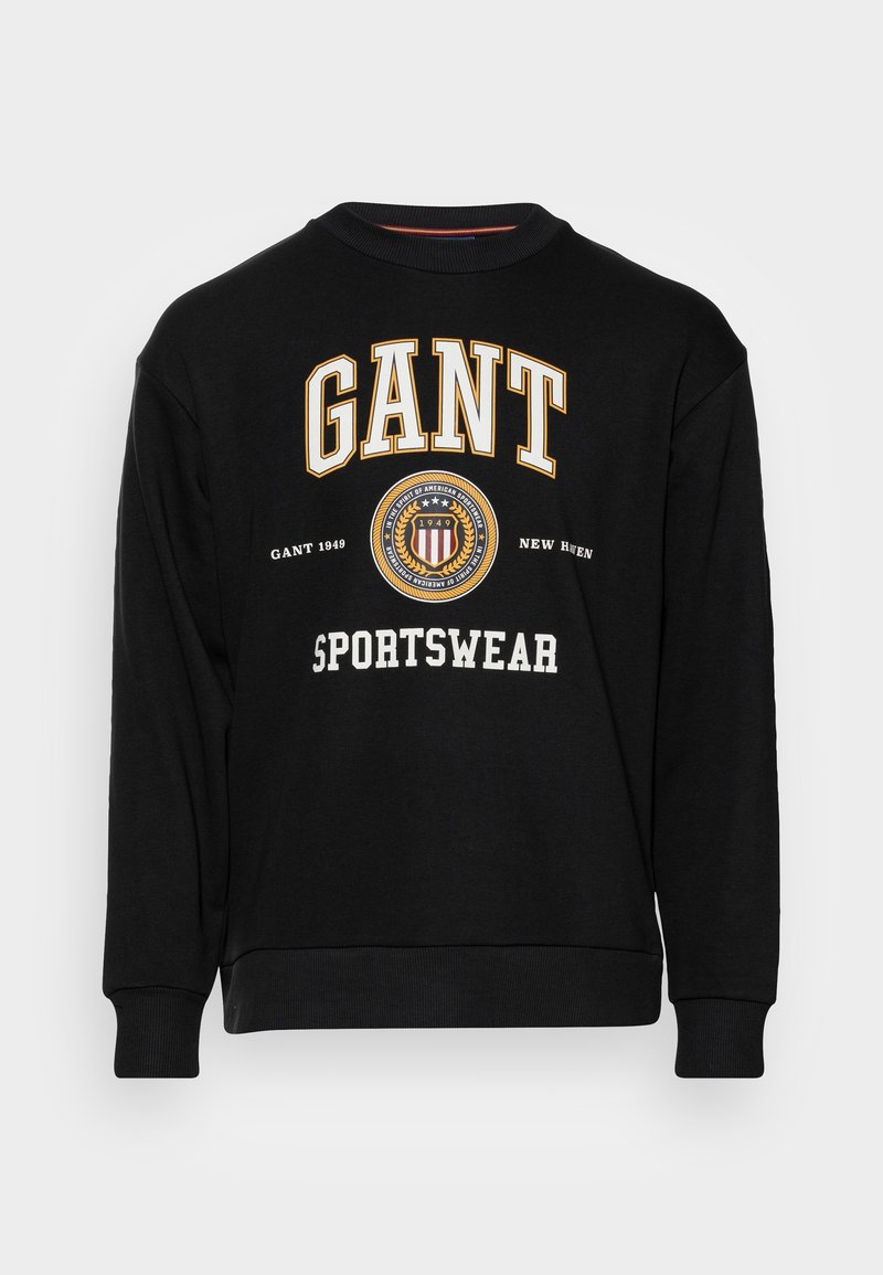 Czarny sweatshirt z bawełny, z napisem "GANT" i "SPORTSWEAR" w białym i złotym kolorze, z okrągłym dekoltem i ściągaczami przy rękawach.