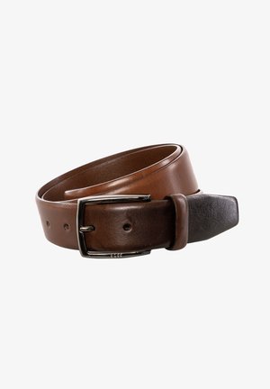 Brun læderbælte med en glat tekstur, der har en sølvfarvet rektangulær spænde og flere huller til justering.