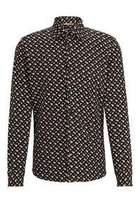 Zwart shirt met patroon bestaande uit een raster van bruine, witte en lichtblauwe vierkanten; voorzijde met knopen en een klassieke kraag.