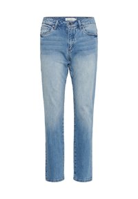 Lichtblauwe jeans met rechte pijpen, voorste knoop, ritssluiting, riemlussen en een ontwerp met vijf zakken, met subtiele vervaging op dijen en knieën.