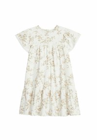 Weißes Kleid mit braunen Blumenmustern, kurzen, flatternden Ärmeln, einem gerafften Taillenbereich und einem gestuften, rüschierten Saum. Weiche Stofftextur.