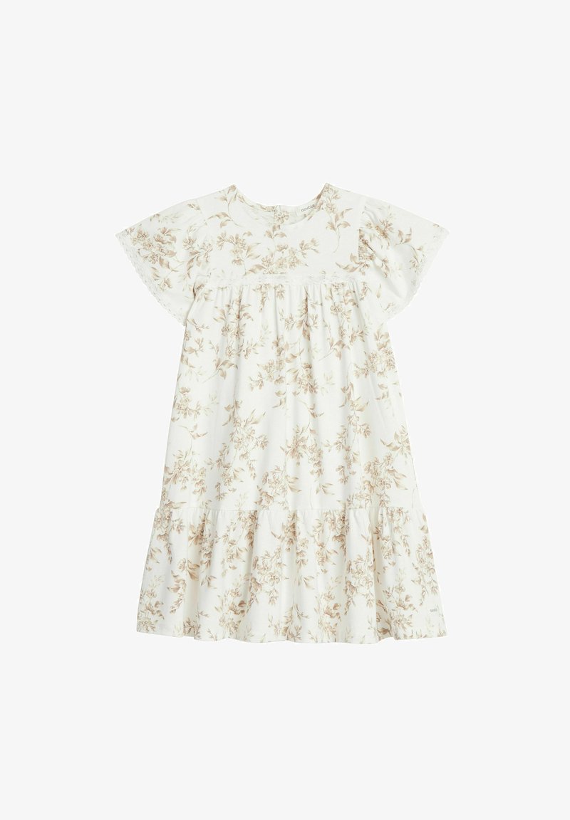 Vit klänning med bruna blommönster, korta volangärmar, en samlad midja och en flerlagrad volangnederdel. Mjuk tygkänsla.