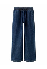 Tumši zili platās kājas džinsa bikses ar elastīgu jostasvietu un auklu. Ir divas sānu kabatas un taisns griezums.