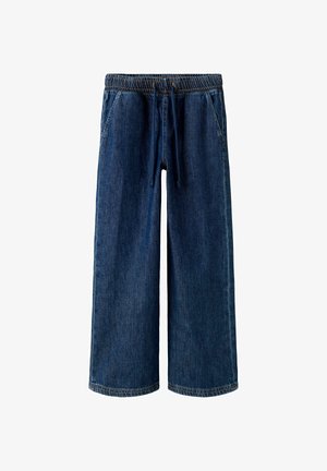 Tumed sinised teksariidest laiade jalgadega püksid elastse vöökoha ja nöörkinnitusega. Kahe küljetasku ja sirge lõikega.