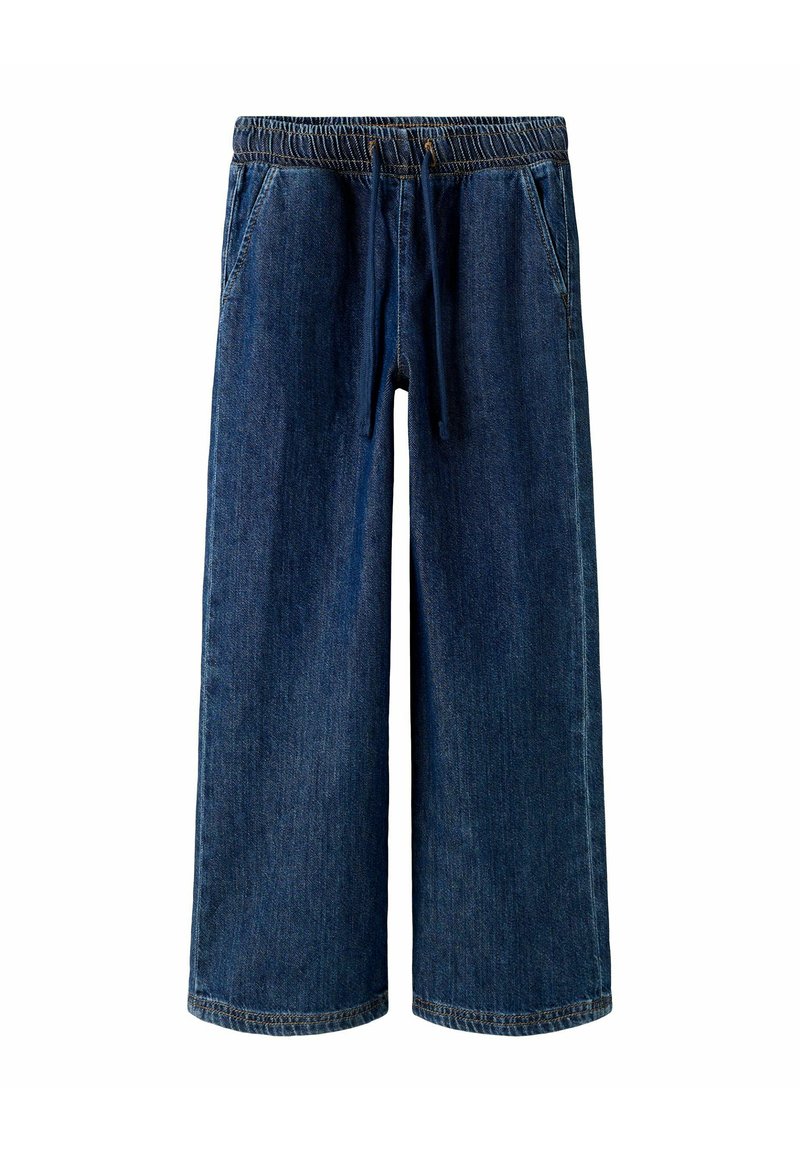 Tumši zili platās kājas džinsa bikses ar elastīgu jostasvietu un auklu. Ir divas sānu kabatas un taisns griezums.