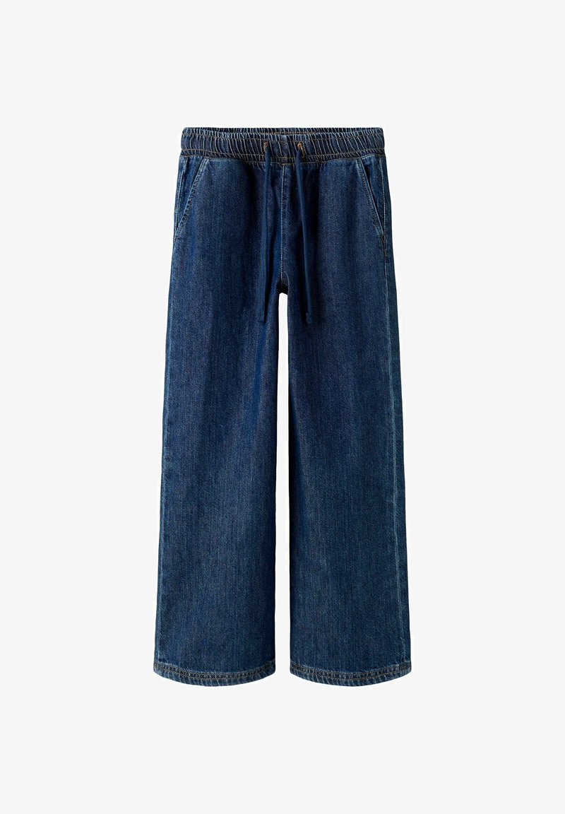 Tumši zili platās kājas džinsa bikses ar elastīgu jostasvietu un auklu. Ir divas sānu kabatas un taisns griezums.