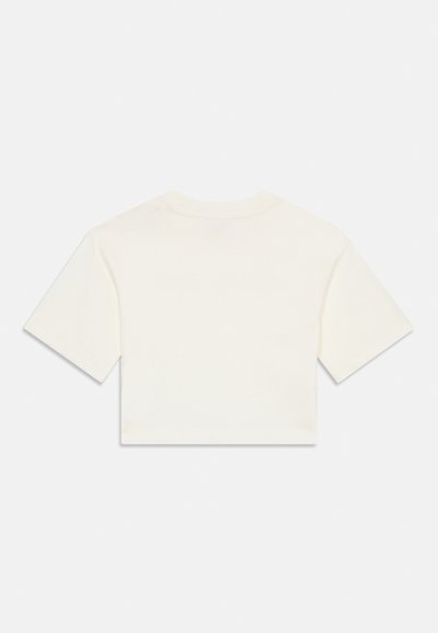 T-shirt cropped de mangas curtas e brancas, disposta de forma plana, mostrando o lado de trás, com um decote redondo e sem desenhos ou logotipos visíveis.