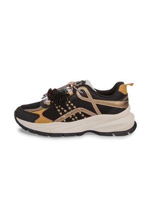 Zwarte en gouden mesh sneaker met dikke witte zool, decoratief lusontwerp, pomponveters en trekstrip aan de hiel.