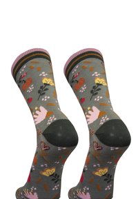 Pair of green socks featuring a floral pattern with yellow, pink, and red accents. Contrasting pink and green ribbed cuffs.
