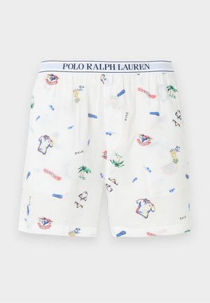 Boxers blancos Polo Ralph Lauren con un estampado tropical de palmeras, gafas de sol, chanclas y polos, cinturilla elástica.
