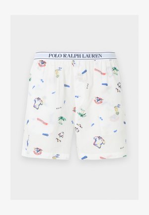 Valged Polo Ralph Laureni bokserid trükitud troopilise palmipuude, päikeseprillide, plätude ja polosärgiga, elastse vöökohaga.