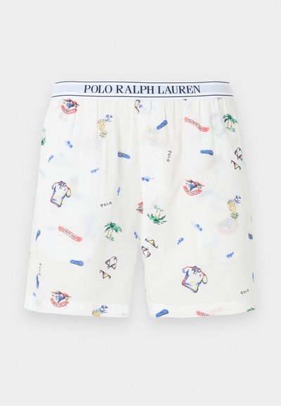 Άσπρα boxer shorts Polo Ralph Lauren με τυπωτό τροπικό σχέδιο με φοίνικες, γυαλιά ηλίου, σαγιονάρες και πόλο πουκάμισα, ελαστική μέση.