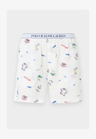 Άσπρα boxer shorts Polo Ralph Lauren με τυπωτό τροπικό σχέδιο με φοίνικες, γυαλιά ηλίου, σαγιονάρες και πόλο πουκάμισα, ελαστική μέση.