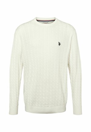 Pulover alb cu mâneci lungi, tricotat cu model în relief, guler rotund și mic logo negru U.S. Polo Assn. pe partea stângă a pieptului.