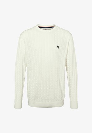 Fehér, kötött hosszú ujjú pulóver kerek nyakkal és kis fekete U.S. Polo Assn. logóval a bal mellrészen.