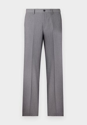 Pantalons gris ajustés avec une taille plate, deux poches latérales et une fermeture à bouton unique. Texture lisse avec un motif à fines rayures.