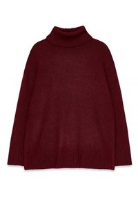 Burgunderfarbener, gestrickter Rollkragensweater mit geripptem Kragen und Bündchen. Boxy-Schnitt und weiche Textur, mit herabfallenden Schultern und weit geschnittenem Körper.