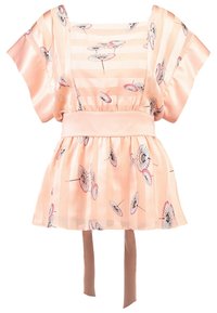 Top de satén rosa con mangas anchas, que presenta un patrón de rayas claras y estampados de paraguas florales. Incluye una cintura ajustada y detalle de lazo.