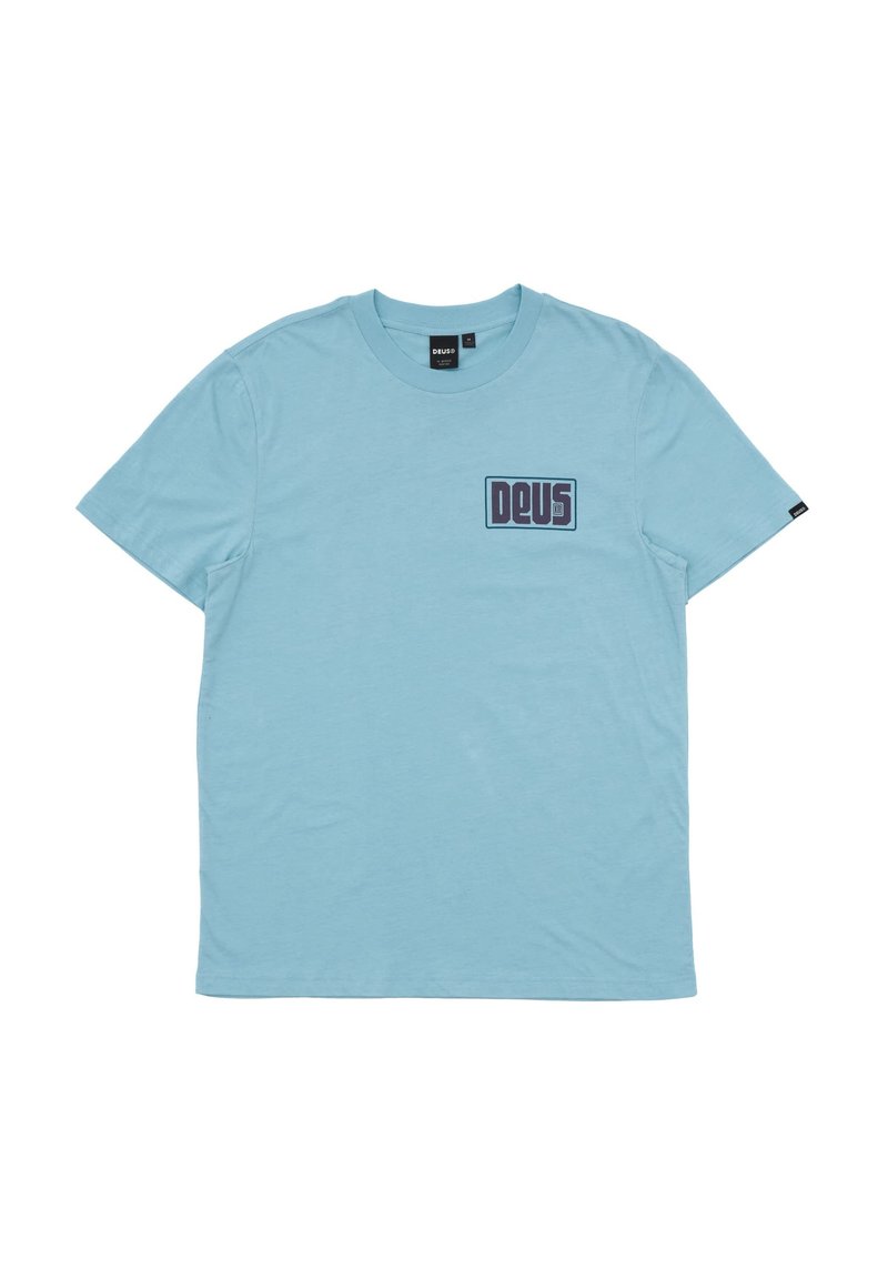 Light blue cotton t-shirt with short sleeves, round neckline, and a rectangular dark blue logo on the left chest area.