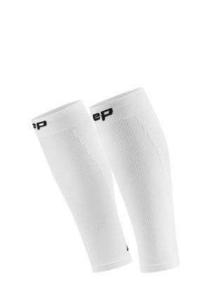 White compression sleeves made of ribbed fabric, featuring black branding at the top. The design is smooth with a snug fit.