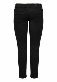 Svarta skinny jeans med hög midja, med en slät textur, två bakfickor och en klassisk femfickorsdesign.