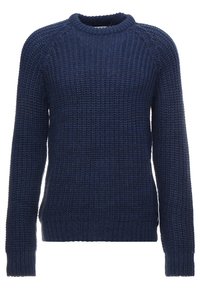 Gruby sweter w kolorze granatowym z okrągłym dekoltem, długimi rękawami, prążkowanymi mankietami i dołem. Teksturowany materiał o grubym i przytulnym wyglądzie.