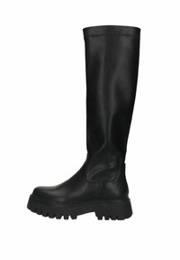 Zwarte kniehoge laarzen met een gladde leren afwerking, chunky rubberen zool en gestructureerd loopvlak. Naadloos ontwerp zonder zichtbare hardware.