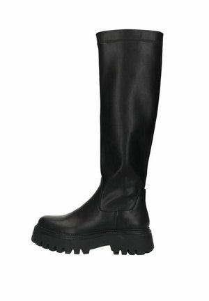 Schwarze kniehohe Stiefel aus glattem Leder, mit einer stabilen Gummisohle und strukturiertem Profil. Nahtloses Design ohne sichtbare Beschläge.