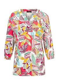 Lässige Bluse mit einem bunten Blumen- und geometrischen Muster. Sie hat einen V-Ausschnitt und Dreiviertelärmel. Der Stoff hat eine glatte Textur.