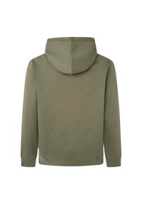 Sudadera verde oliva con bolsillo canguro, capucha ajustable, puños y dobladillo de canalé, hecha de una suave mezcla de algodón texturizada.