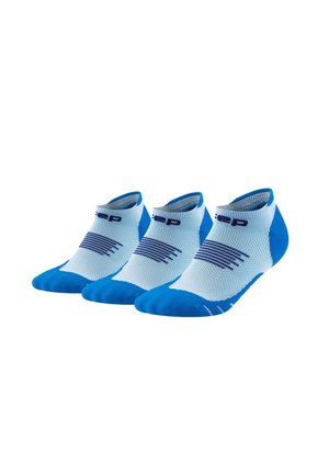 Three pairs of low-cut athletic socks in light blue with dark blue heels, toes, and stripes, arranged side by side on a white background.