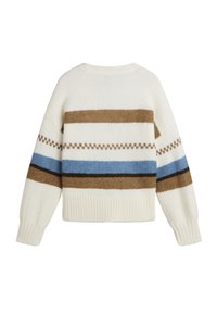 Sweter dziany w odcieniu kremowym, z poziomymi paskami w kolorach brązowym, niebieskim i granatowym. Ściągacze na mankietach i u dołu; miękka tekstura i luźny krój.