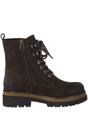 Brown suede ankle boot with laces and a side zipper, featuring a rounded toe, textured surface, and a chunky rubber sole.