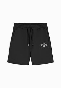 Zwarte sportshorts van een gladde stof met een elastische tailleband en trekkoord. Bevat zijzakken en een geprint logo detail.