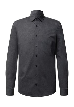 Donkergrijze overhemd met lange mouwen, gemaakt van een gladde stof. Het shirt heeft een klassieke kraag, een knoopsluiting aan de voorkant en zwarte knopen met gestikte manchetten.