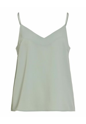 Top camisă fără mâneci, gri deschis, cu bretele subțiri și decolteu în V, afișat pe un fundal alb.