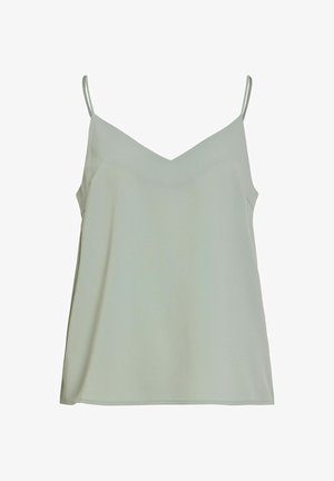 Top camisă fără mâneci, gri deschis, cu bretele subțiri și decolteu în V, afișat pe un fundal alb.