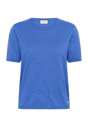 Zils īsrokas adīts tops ar mazu reljefu punktu tekstūru un apaļu kakla izgriezumu, apkaklē iekšpusē ar uzrakstu "CREAM".