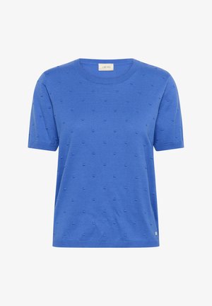 Mėlynas trumpomis rankovėmis megztas viršus su mažais iškiliais taškeliais ir apvalia iškirpte, etiketėje ant apykaklės parašyta „CREAM“.