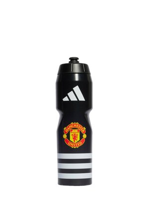 Borraccia sportiva nera con logo Adidas, strisce bianche e stemma del club di calcio Manchester United sulla parte anteriore.