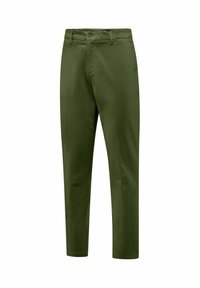 Olijfgroene, slim-fit broek van gladde stof, met een knoopsluiting, zijzakken en een nette, op maat gemaakte uitstraling.