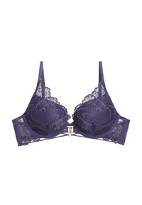 Lace purple bra with underwire, floral pattern, adjustable straps, and a gold clasp at the center. Soft texture and contoured cups.