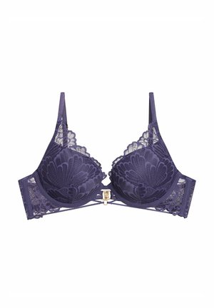 Lace purple bra with underwire, floral pattern, adjustable straps, and a gold clasp at the center. Soft texture and contoured cups.
