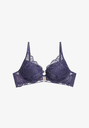Lace purple bra with underwire, floral pattern, adjustable straps, and a gold clasp at the center. Soft texture and contoured cups.