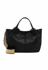 Borsa tote in pelle nera con manici arrotondati e tracolla staccabile beige. Presenta una finitura testurizzata e un sottile dettaglio di cucitura sul davanti.