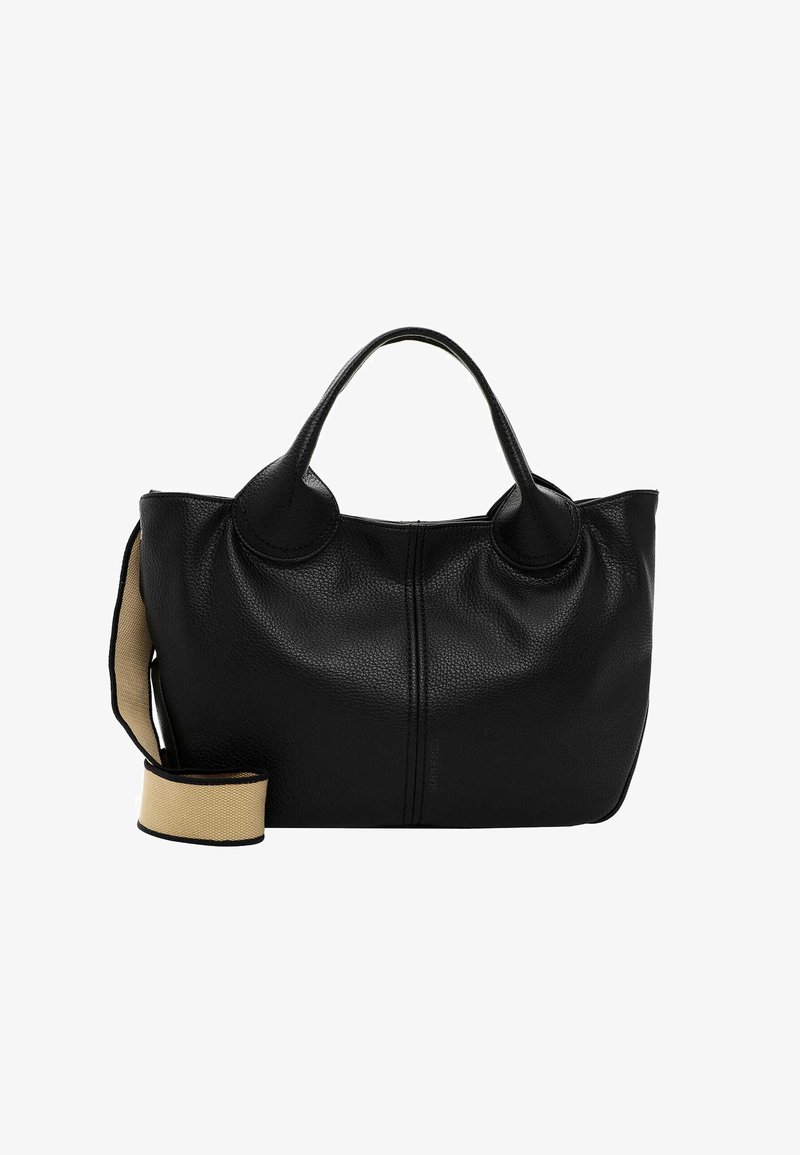 Borsa tote in pelle nera con manici arrotondati e tracolla staccabile beige. Presenta una finitura testurizzata e un sottile dettaglio di cucitura sul davanti.